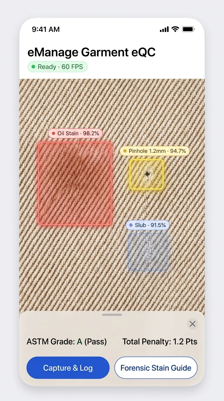 Garment eQC AI on iPhone 16 Pro Max — oil stain, pinhole, and slub boxed on the cloth