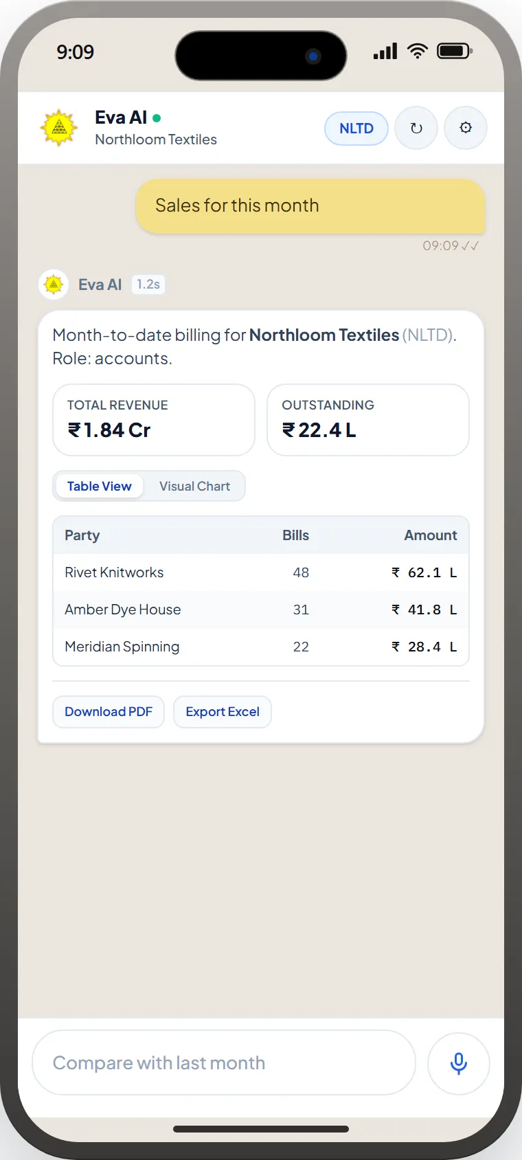 Eva AI iPhone chat for dummy company Northloom Textiles (NLTD) with KPI cards and a table