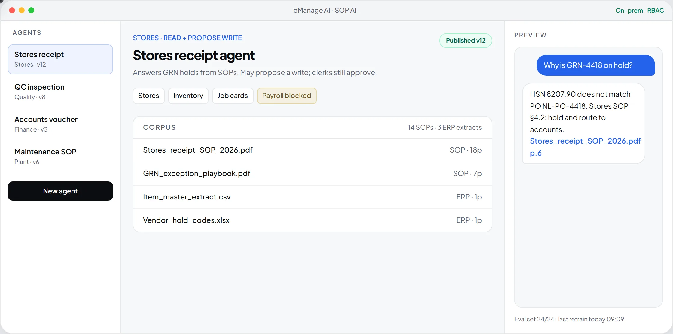 SOP AI agent config with SOP corpus, ERP modules, and a preview chat