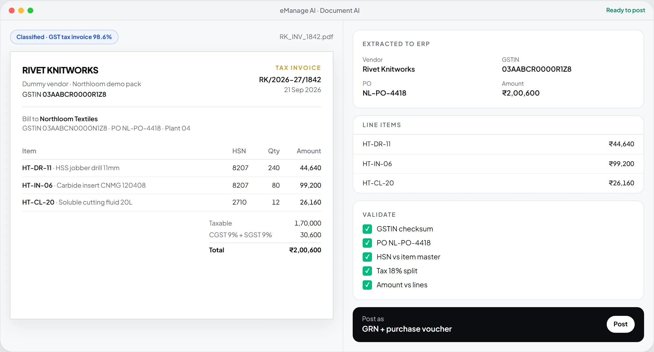 Document AI classifying a GST tax invoice and extracting vendor, GSTIN, lines, and tax into ERP
