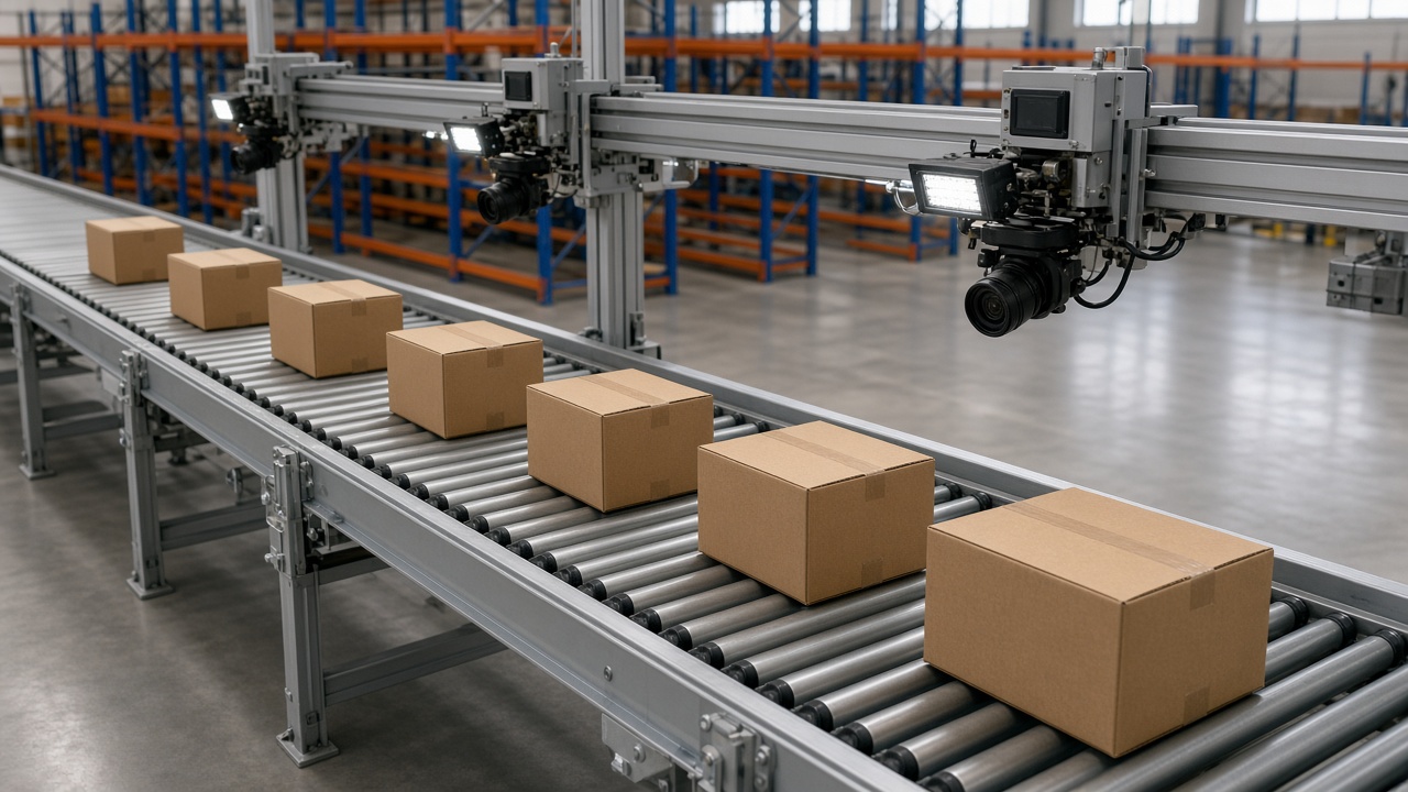Vision AI counting cartons and totes on a warehouse conveyor belt