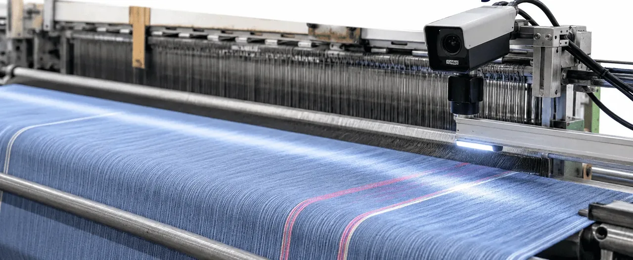 Weaving loom with warp sheet and fabric running past an edge-monitored camera bar